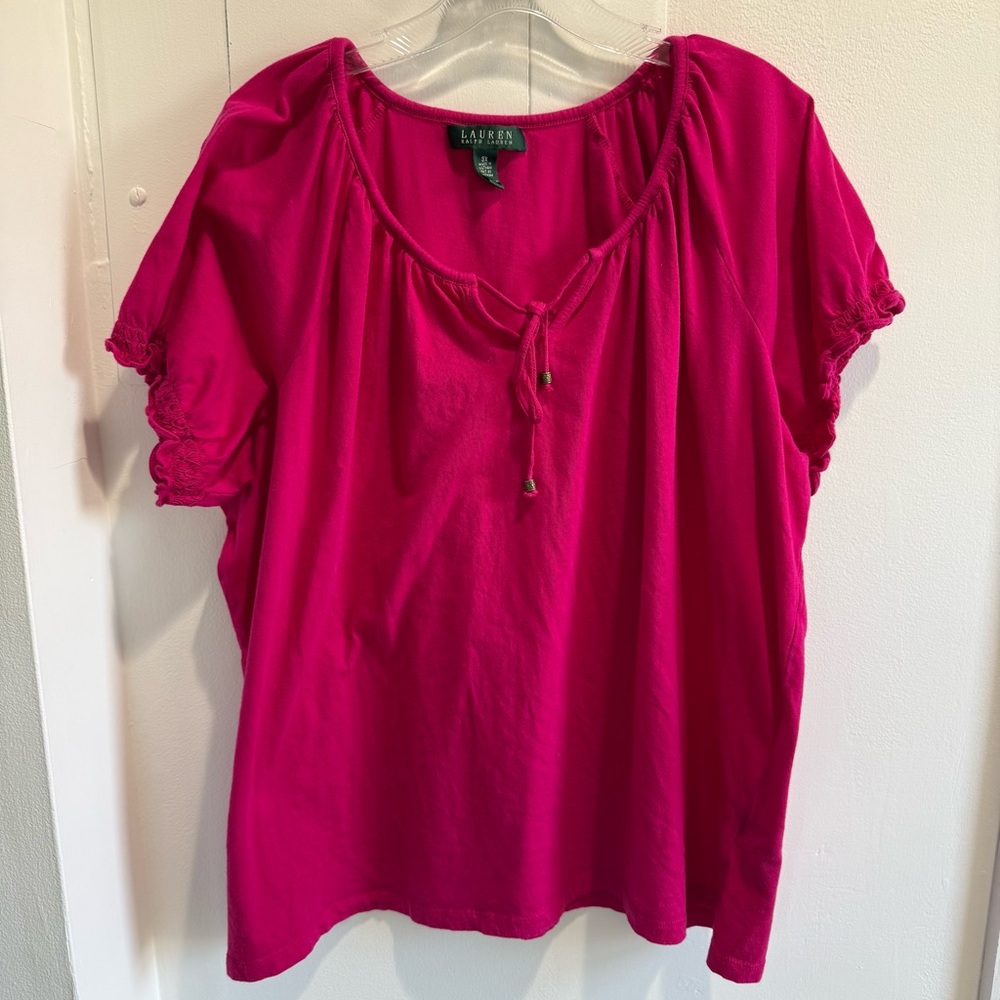Ralph Lauren Fuchsia Tie-Neck Short Sleeve Peasant Blouse